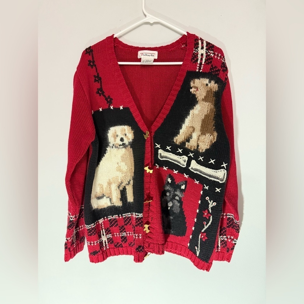 VTG Talbots Doggie Sweater Dog Cardigan Cottage Core Patch Work Red Black Size L